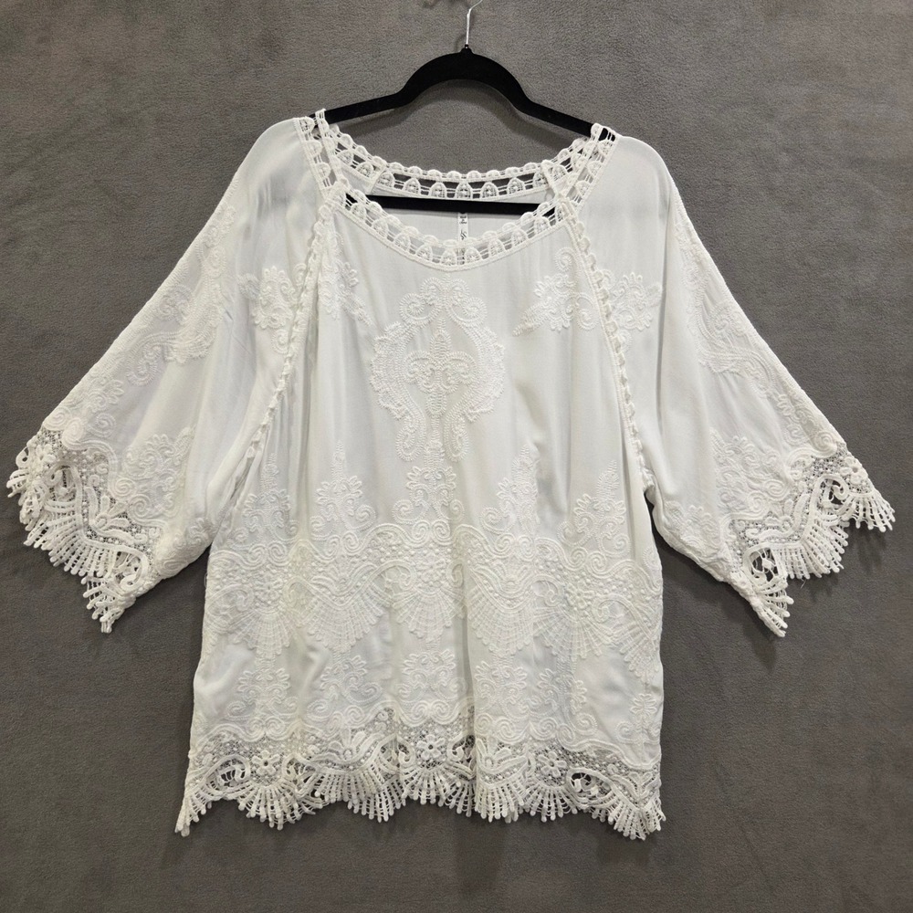 Leo & Nicole Lace Embroidered Blouse Women's Large Boho Peasant Top Coastal